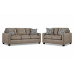 City Leather Sofa and Loveseat Set - Stone with matching leather seating, patterned accent pillows and dark wood legs