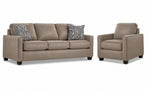 City Leather Sofa and Chair Set - Stone with matching leather seating, patterned accent pillows and dark wood legs