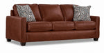 City Leather Sofa - Brown in a three-quarter view with three seat cushions, patterned accent pillows and dark wood legs