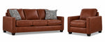 City Leather Sofa and Chair Set - Brown with matching leather seating, patterned accent pillows and dark wood legs