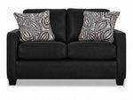 City Leather Loveseat - Black front view with two seat and back cushions, slim track arms, dark wood legs and two patterned accent pillows