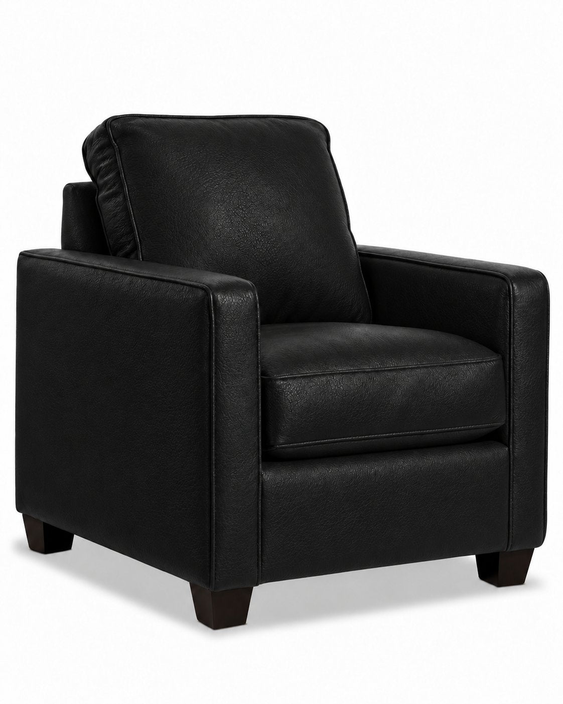 City Leather Chair - Black in a three-quarter view with a box seat cushion, cushioned back and dark wood legs
