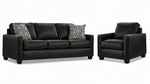 City Leather Sofa and Chair Set - Black with matching leather seating, patterned accent pillows and dark wood legs
