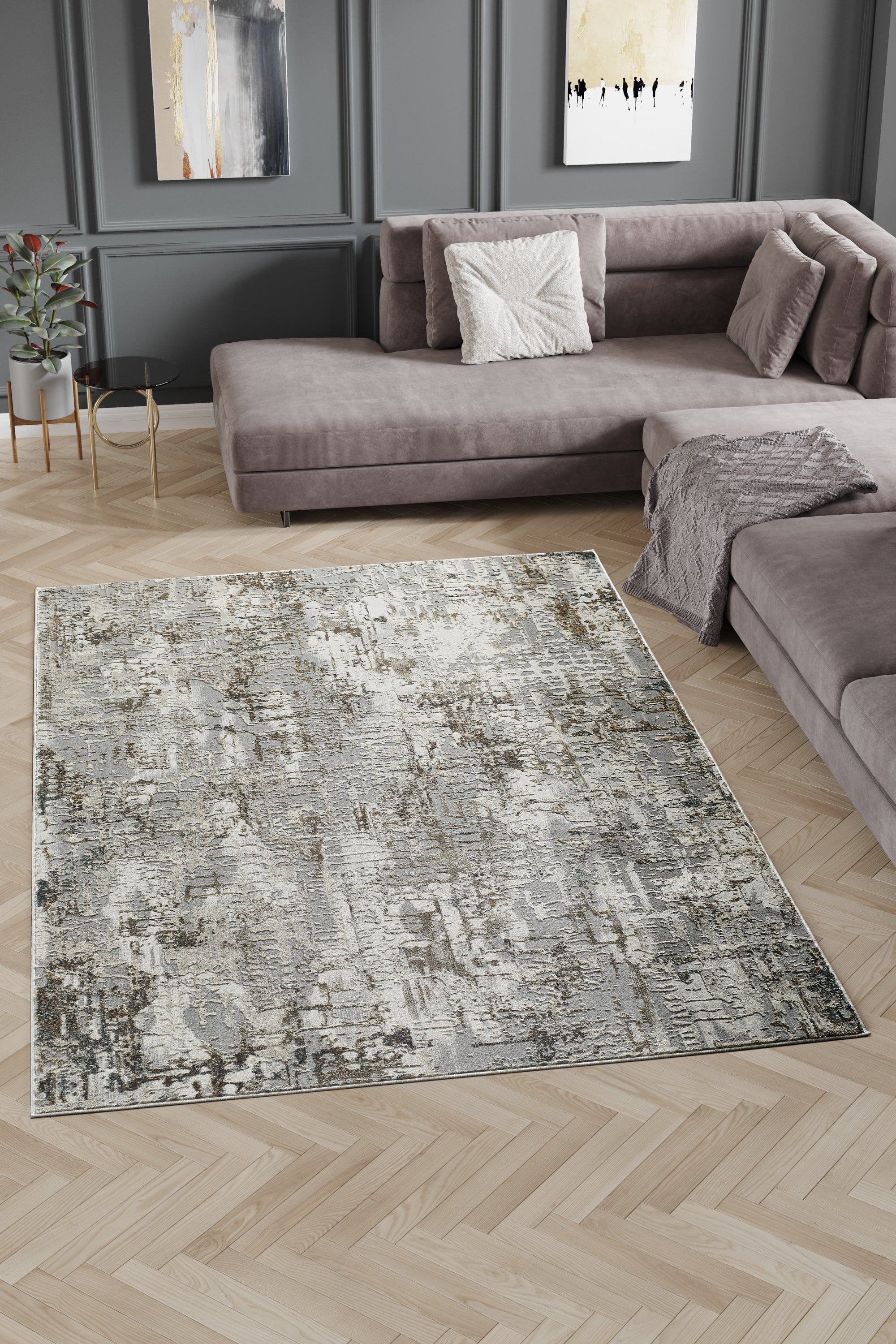 Merinos Emojy 5'3" x 7'5" Area Rug with Underpad - Dark Grey, Cream