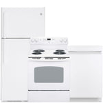 GE White Kitchen Package with Top-Freezer Refrigerator, Electric Range & Built-In Dishwasher
