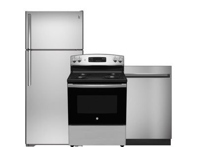 GE Stainless Steel Kitchen Package with Top-Freezer Refrigerator, Electric Range and Dishwasher