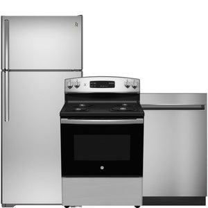 GE Stainless Steel Kitchen Package with Top-Freezer Refrigerator, Electric Range and Dishwasher