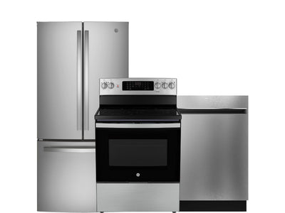 GE Fingerprint Resistant Stainless Kitchen Package with French Door Refrigerator, Electric Range & Built-In Dishwasher