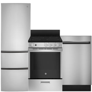 GE Stainless Steel Loft Kitchen Package with Bottom-Freezer Refrigerator, Electric Range & Compact Dishwasher