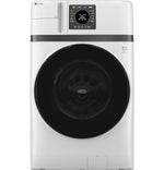 Front view of GE Profile 5.3 cu. ft. UltraFast washer dryer combo in white with large black circular door and digital controls