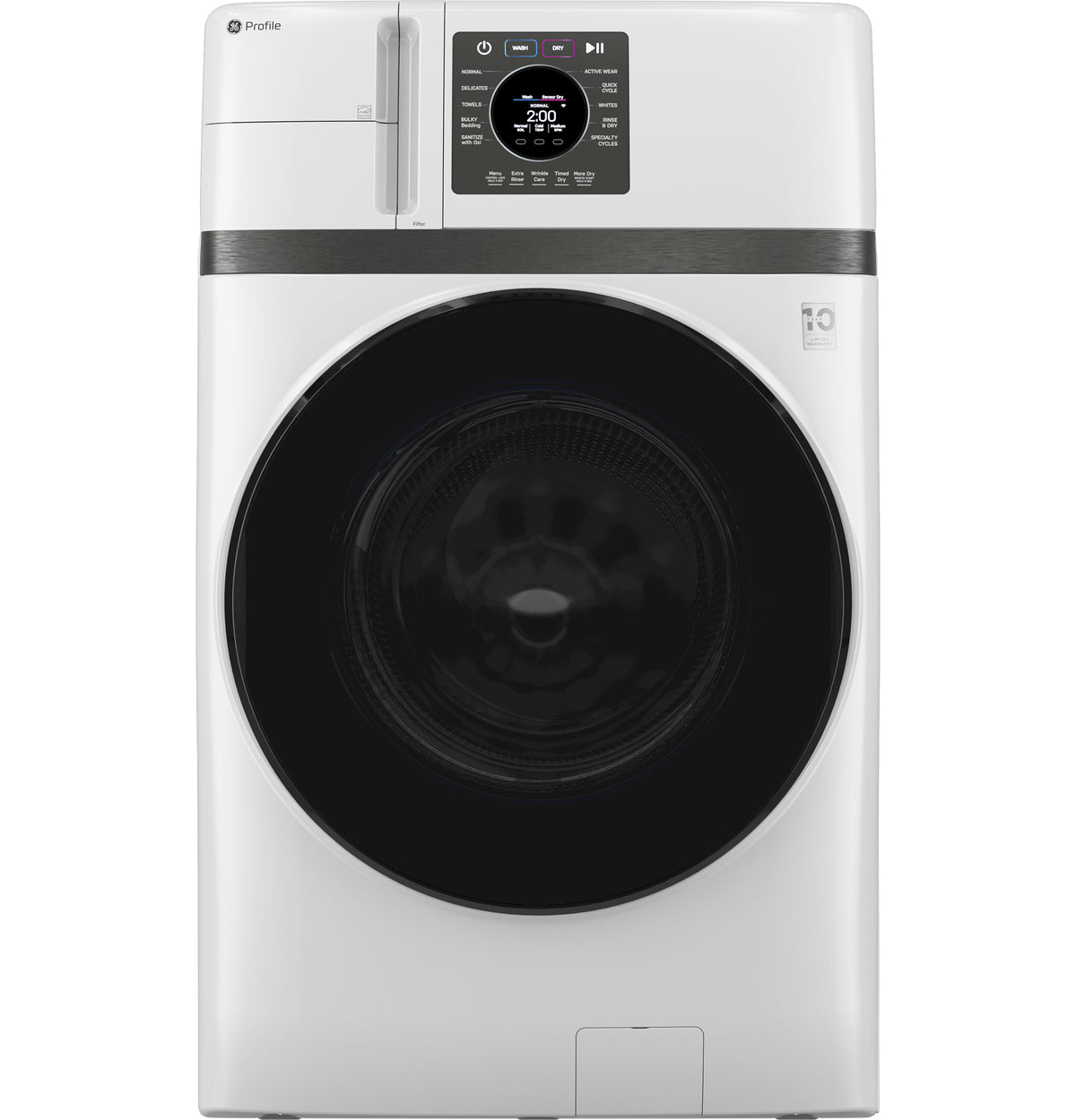 Front view of GE Profile 5.3 cu. ft. UltraFast washer dryer combo in white with large black circular door and digital controls
