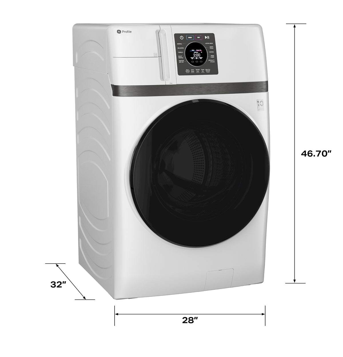 GE Profile 5.3 cu. ft. UltraFast washer dryer combo in white with dimensions showing 28-inch width, 32-inch depth and 46.70-inch height