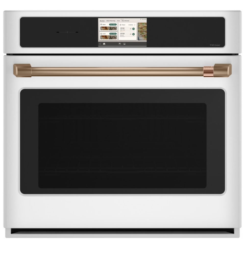 CAFÉ™ Professional Series 30" Matte White Smart Wall Oven front view with touchscreen and large glass door
