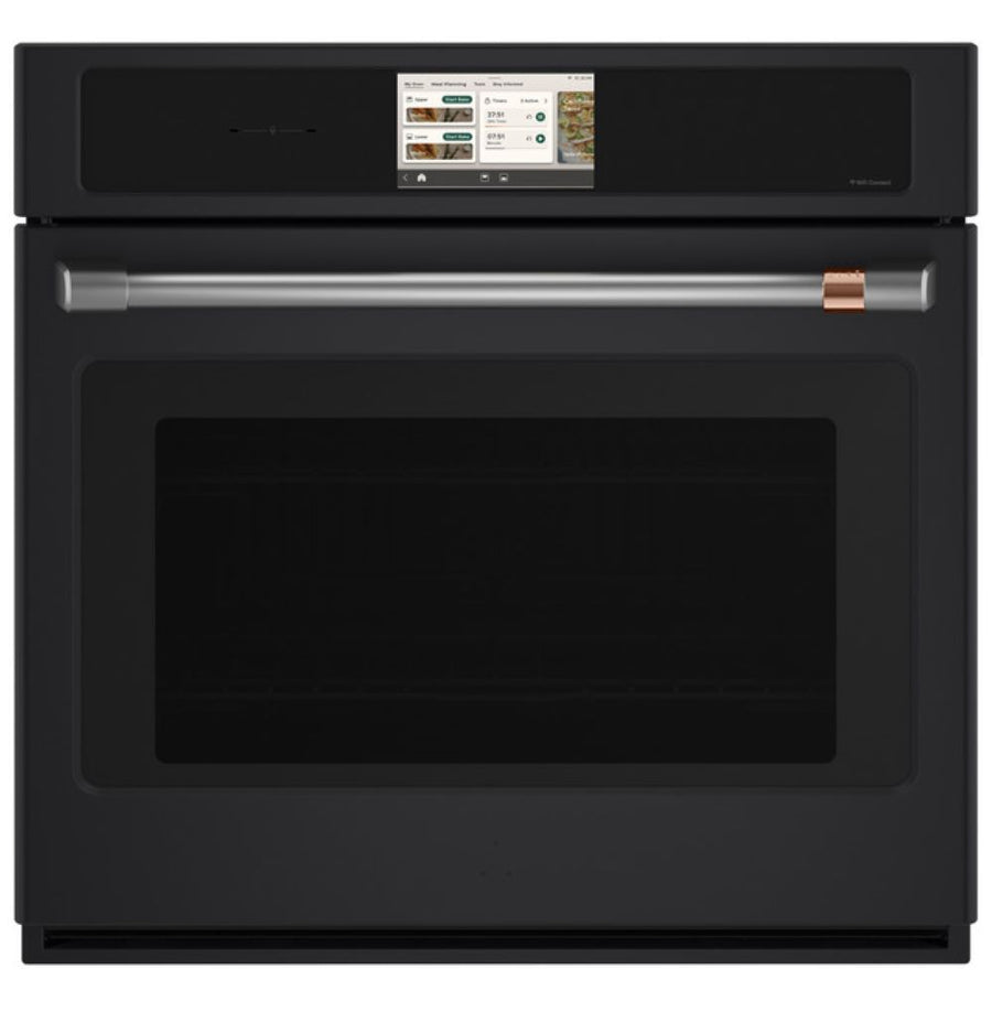 CAFÉ™ Professional Series 30" Matte Black Smart Wall Oven front view with touchscreen and large glass door