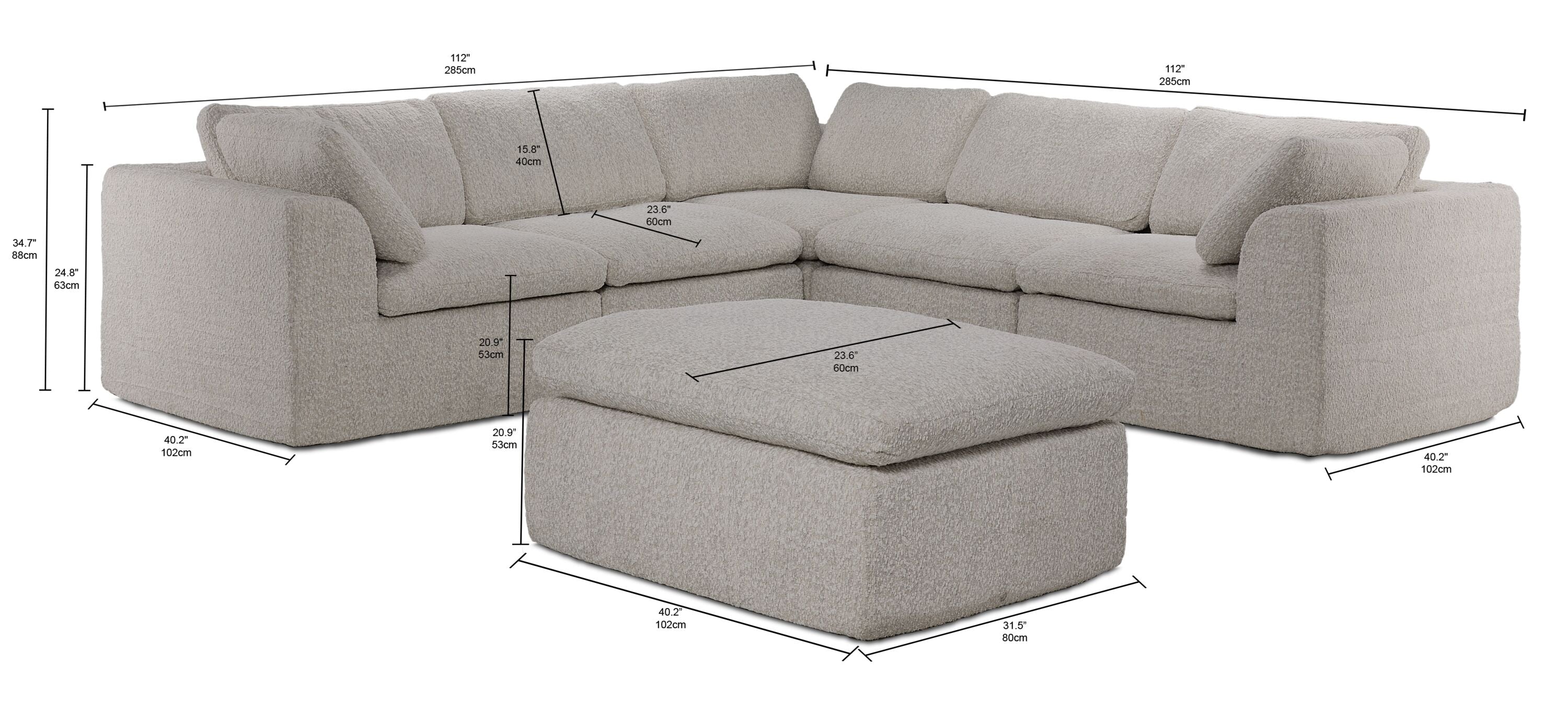 Bliss sectional dimensions: 112 x 112 x 34.7 inches, 40.2 inches deep; ottoman 40.2 x 31.5 x 20.9 inches