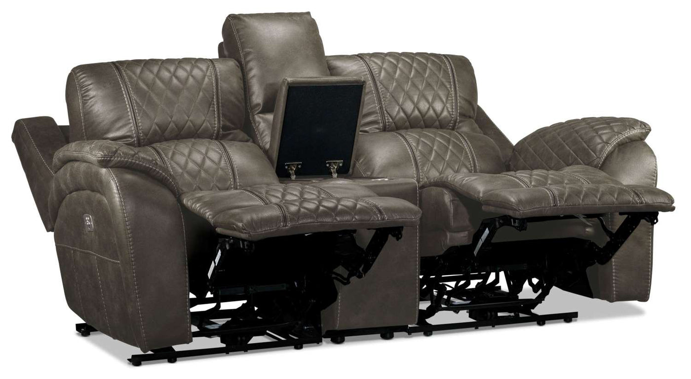Wesley Dual Power Reclining Sofa and Dual Power Reclining Loveseat with Console Set - Granite