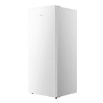 Three-quarter view of Hisense white 14 cu. ft. garage-ready convertible upright freezer with a smooth single-door design and integrated pocket handle