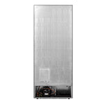 Rear view of Hisense white 14 cu. ft. upright freezer showing the metal back panel, compressor, wiring and lower mechanical components