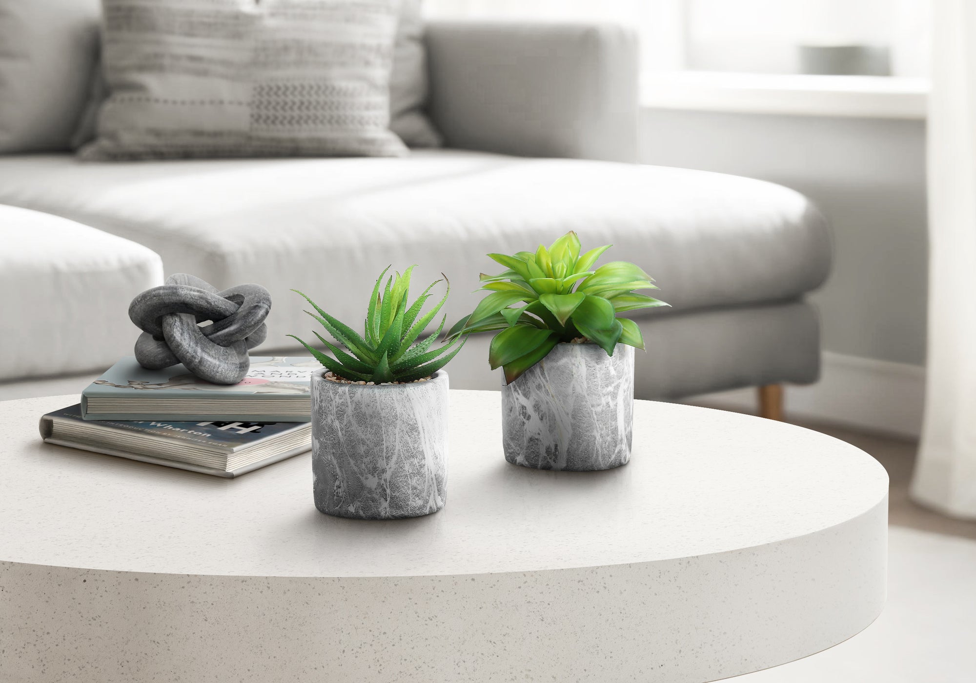 7" Succulent Plant with 4" Marble-look Pot - Green - Set of Two