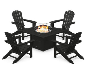 POLYWOOD® Palm Coast 5-Piece Adirondack Chair Conversation Set with Fire Pit Table - Black
