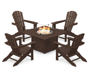 POLYWOOD® Palm Coast 5-Piece Adirondack Chair Conversation Set with Fire Pit Table - Mahogany