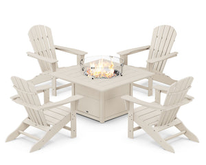 POLYWOOD® Palm Coast 5-Piece Adirondack Chair Conversation Set with Fire Pit Table - Sand