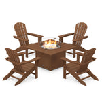 POLYWOOD® Palm Coast 5-Piece Adirondack Chair Conversation Set with Fire Pit Table - Teak
