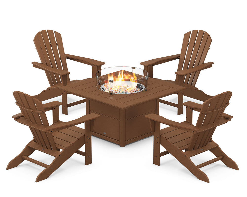 POLYWOOD® Palm Coast 5-Piece Adirondack Chair Conversation Set with Fire Pit Table - Teak