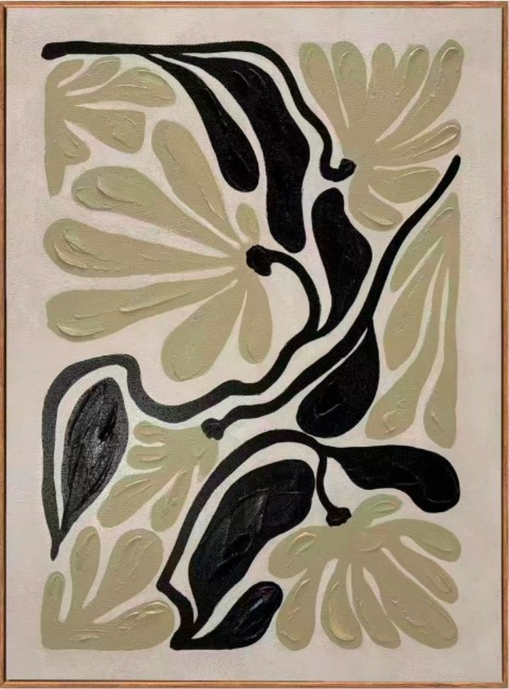 In Full Bloom Stylized Floral and Leaf Wall Art - Ivory, Black