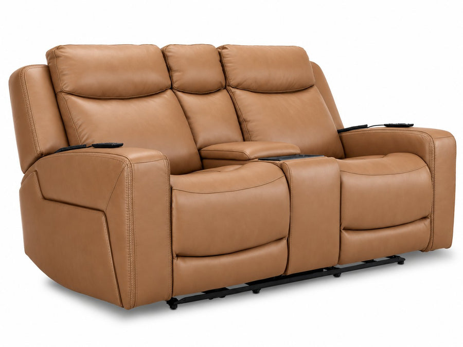 Jackson Leather Power Reclining Loveseat with Heat and Massage - Butternut angled view with two padded seats and centre console