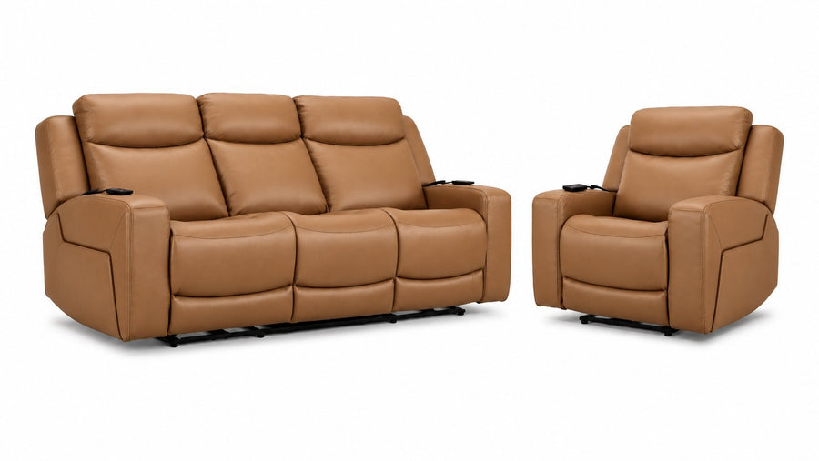 Jackson Leather Power Reclining Sofa and Recliner Set - Butternut with plush headrests, wide arms and power controls