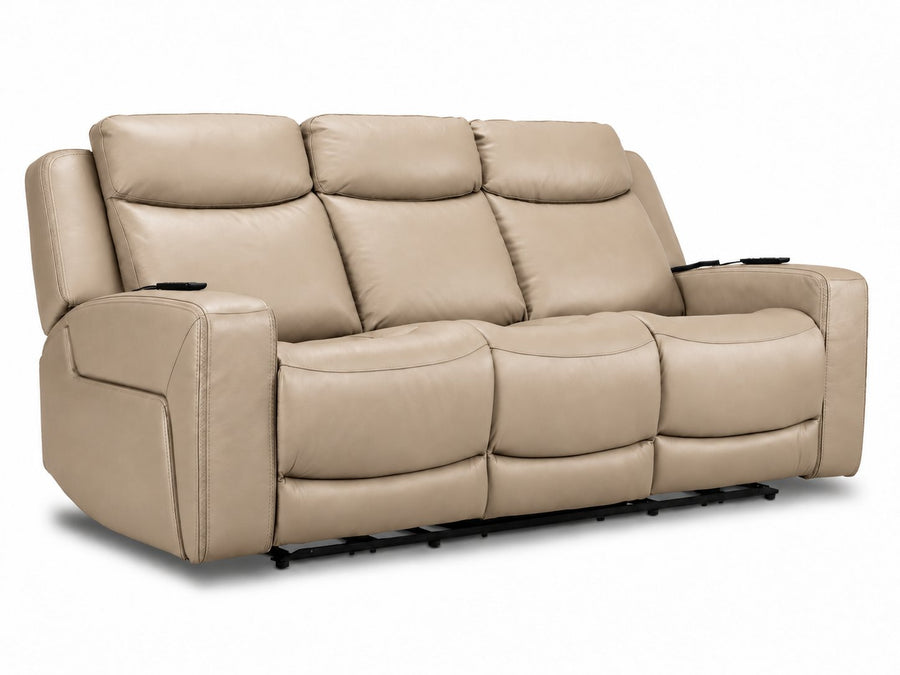 Jackson Leather Power Reclining Sofa with Heat and Massage - Pristine angled view with three padded seats and headrests