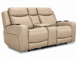 Jackson Leather Power Reclining Loveseat - Pristine angled view with two padded seats, headrests and centre console