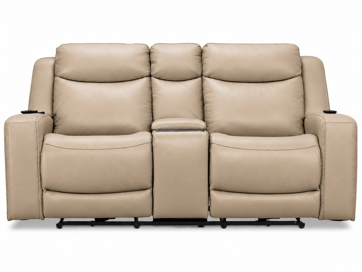 Jackson pristine leather power reclining loveseat front view with two cushioned seats, headrests and centre console