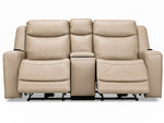 Jackson pristine leather reclining loveseat front view with both footrests extended and padded headrests
