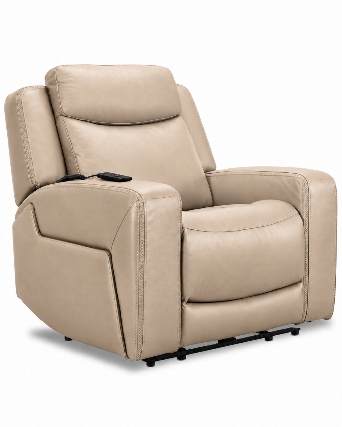 Jackson pristine leather power recliner angled view with padded headrest, wide arms and stitched upholstery