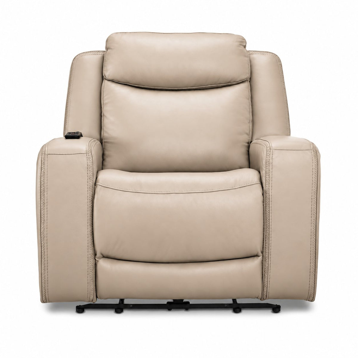 Jackson pristine leather power recliner front view with padded headrest, cushioned back and wide arms
