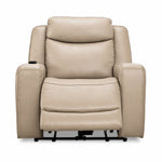 Jackson pristine leather recliner front view with power footrest extended and plush padded seating