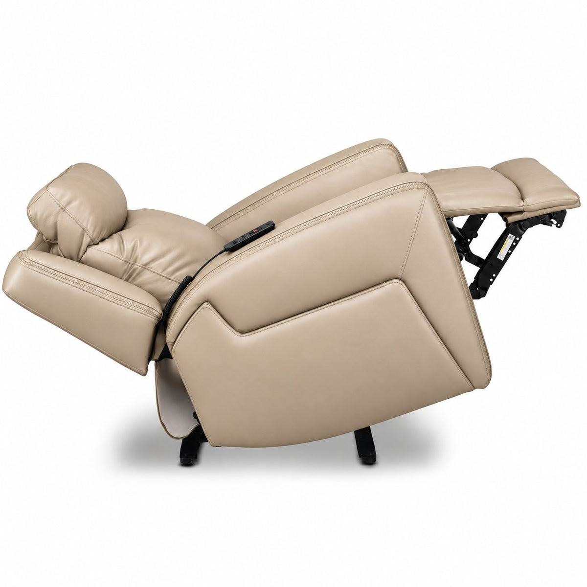 Jackson pristine leather power recliner side view in zero gravity position with backrest and footrest extended