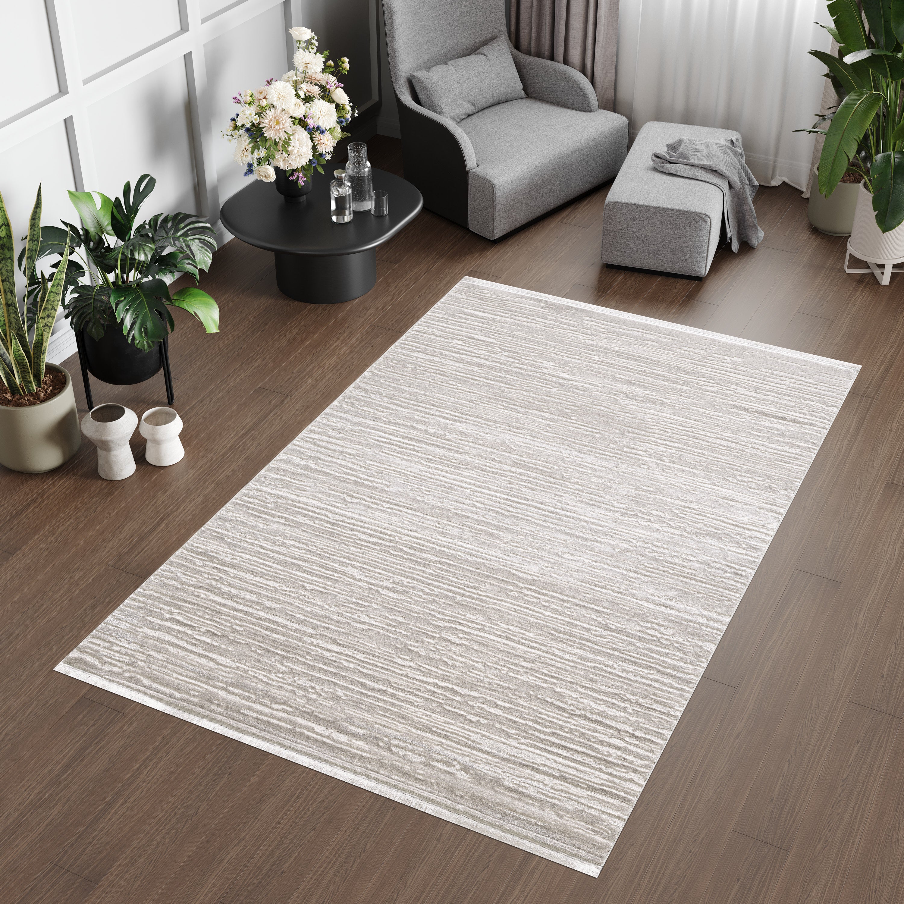 Merinos Lazer 7'8" x 10'8" Area Rug with Underpad - Cream, Beige, Grey