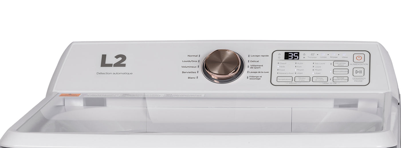 L2 White Top Load Washer with French Display (4.3 Cu. Ft) & White Electric Dryer with French Display (6.7 Cu. Ft) - LT43A3AWWFR/LE43A3AWWFR