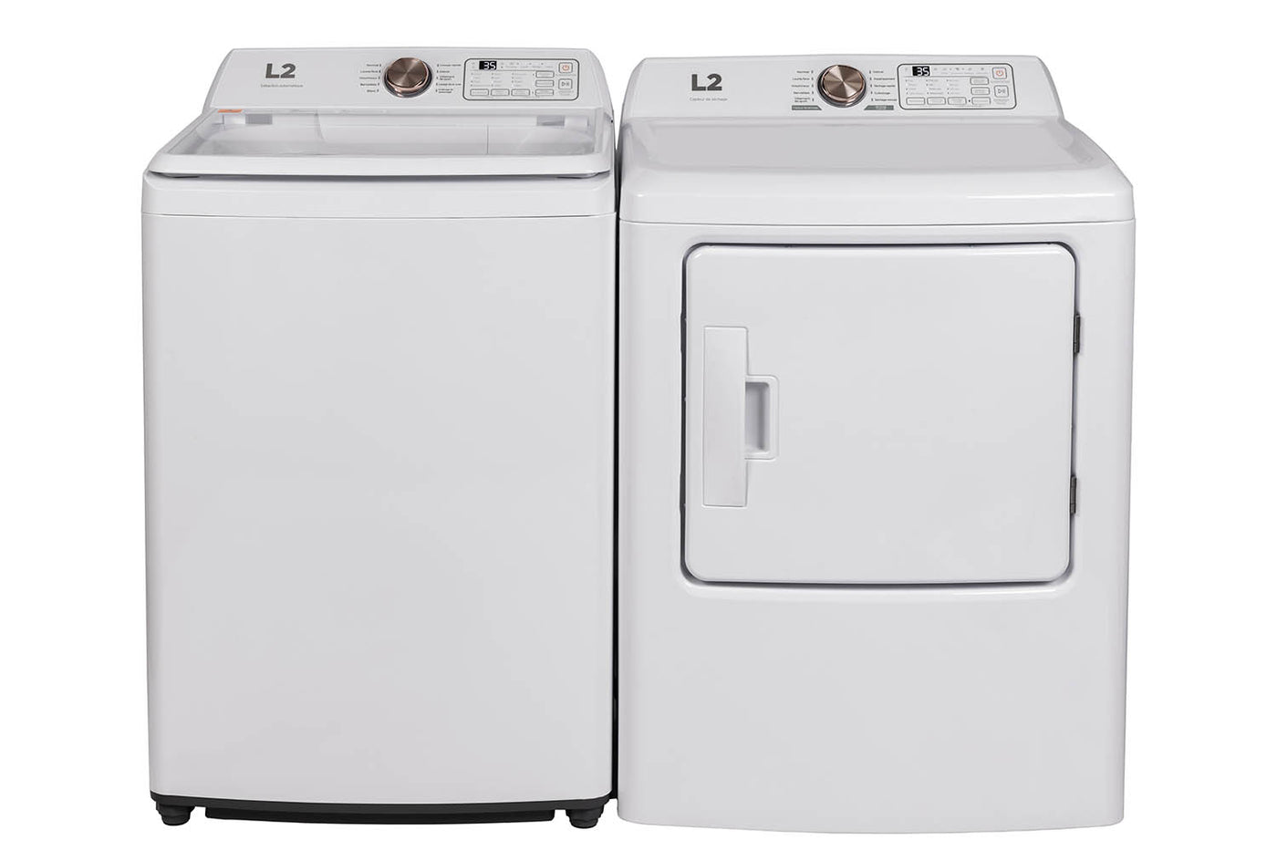 L2 White Top Load Washer with French Display (4.3 Cu. Ft) & White Electric Dryer with French Display (6.7 Cu. Ft) - LT43A3AWWFR/LE43A3AWWFR