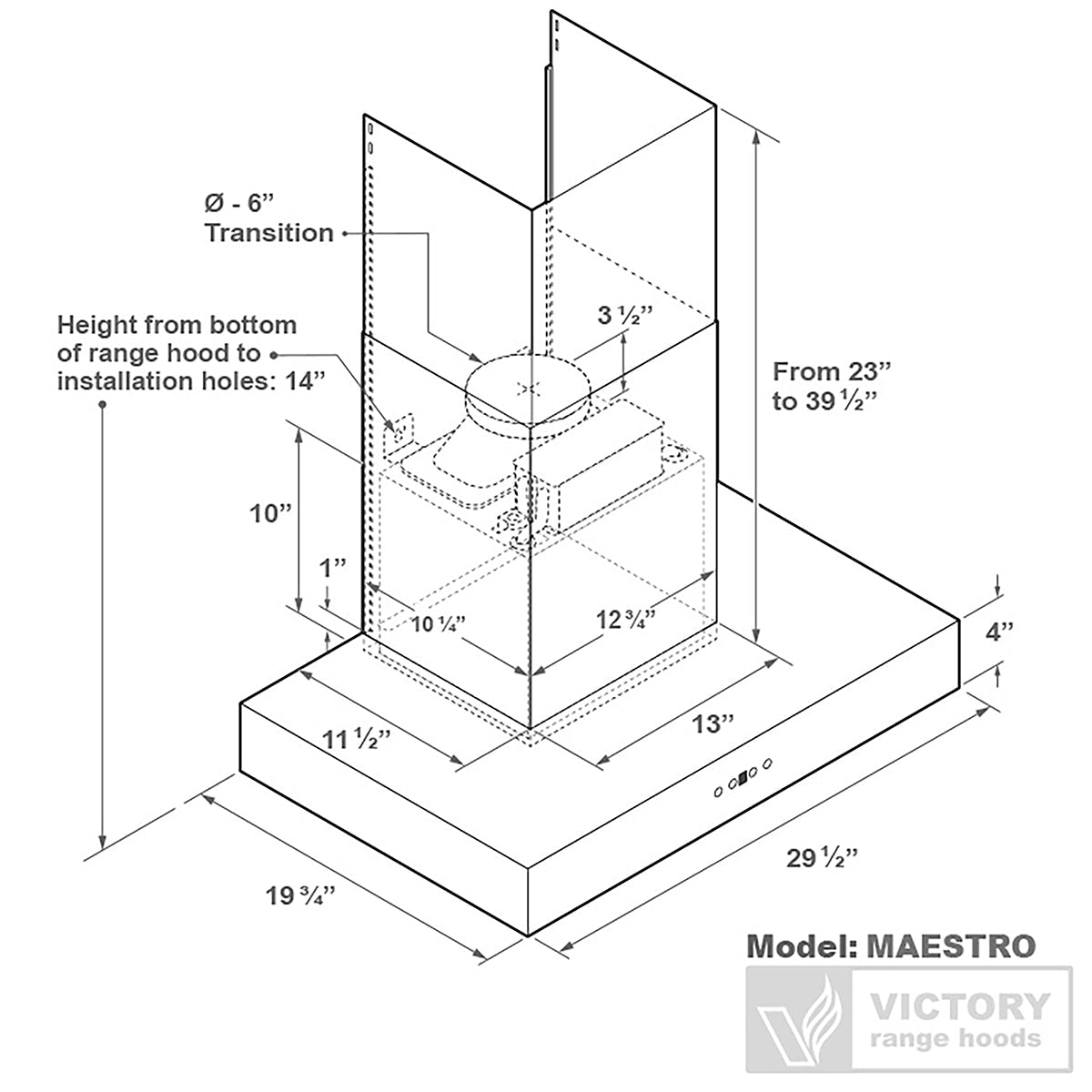 VICTORY Stainless Steel 30" 600 CFM Wall Mount Range Hood - Maestro-30--