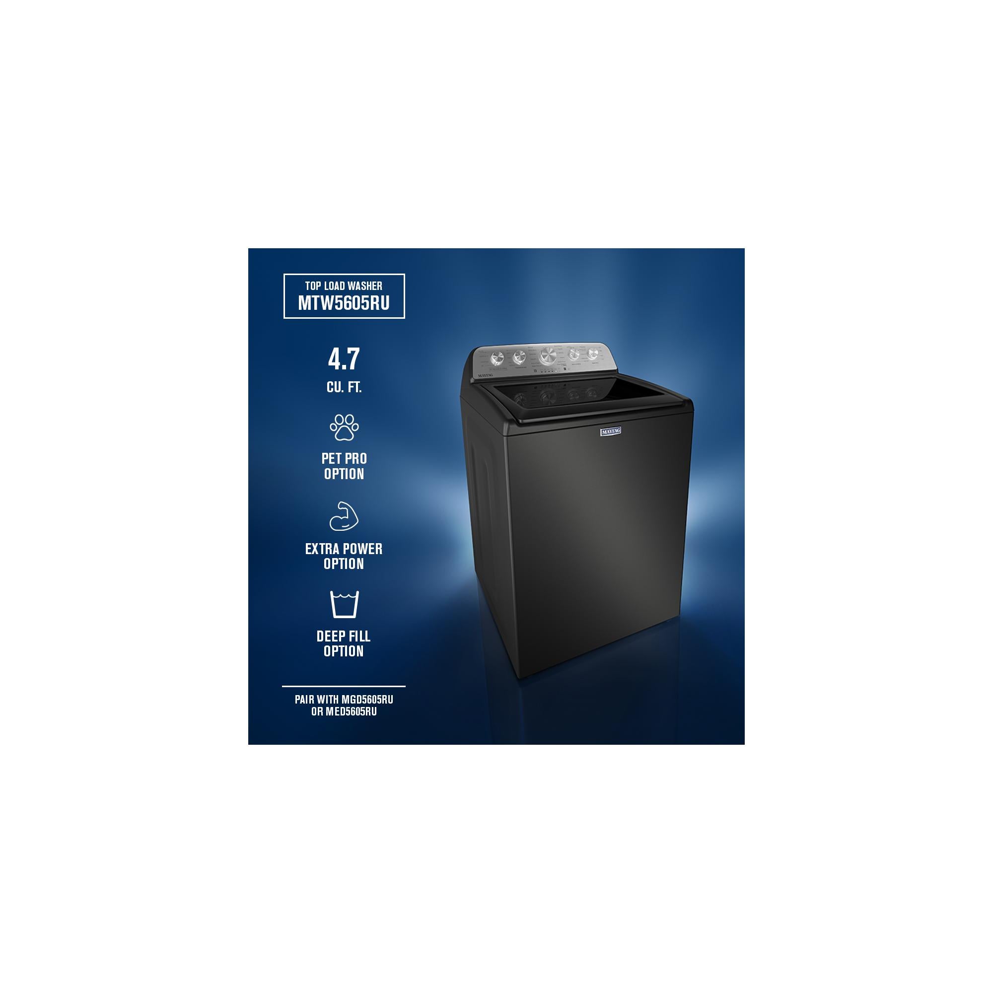 Maytag Volcano Black Top Load Agitator Washer (5.4 Cu. Ft. IEC) with Extra Power and Pet Pro Option - MTW5605RU--