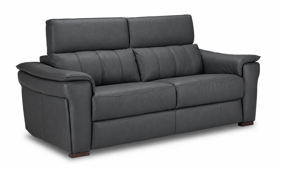 Orlando-Ray dark grey Italian leather sofa with padded arms and adjustable headrests