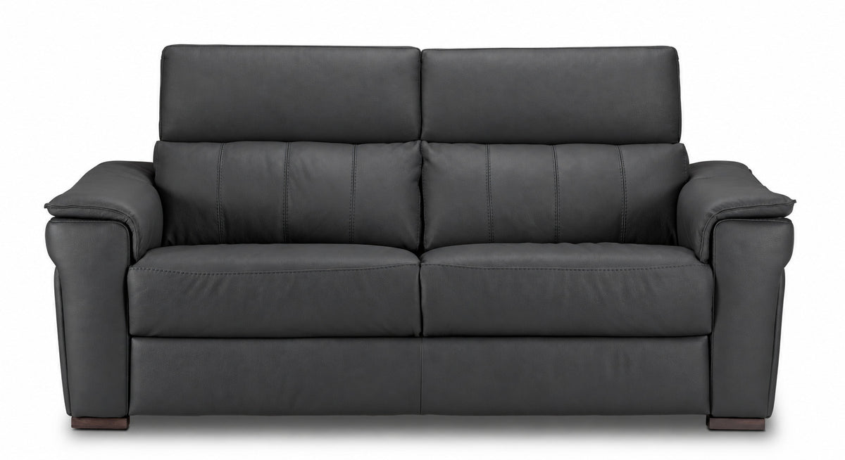 Front view of the dark grey leather sofa with deep seating, stitched back cushions and raised headrests