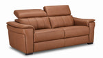 Angled sofa with one adjustable headrest lowered to show customizable positioning