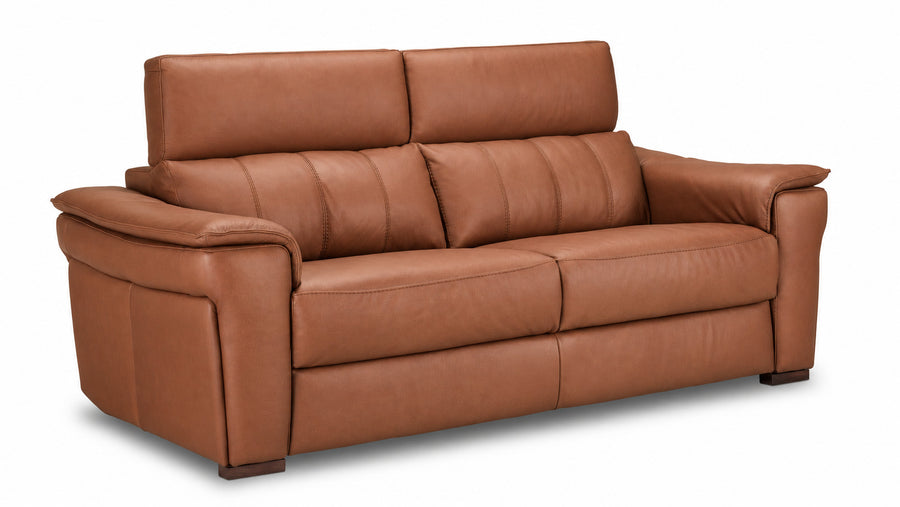 Orlando-Ray cognac Italian leather sofa with padded arms and raised adjustable headrests