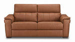 Front view of the cognac leather sofa with deep seats, stitched back cushions and padded arms
