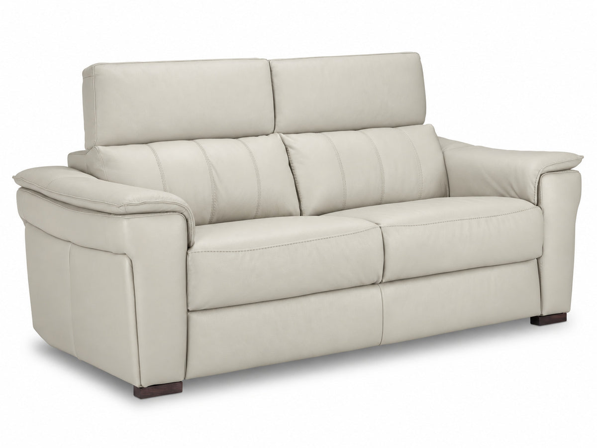 Orlando-Ray cream leather sofa with padded arms, deep seating and raised adjustable headrests